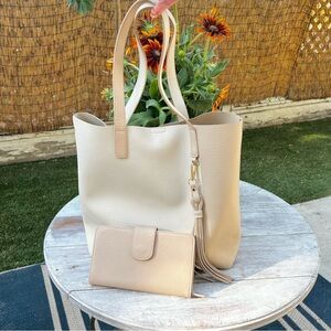 Large Two Tone Snap Top Closure Tote Bag With Matching Wallet Taupe Cream
